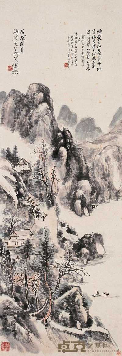黄宾虹 戊辰(1928)年作 孤帆独钓 立轴 112×38.5cm